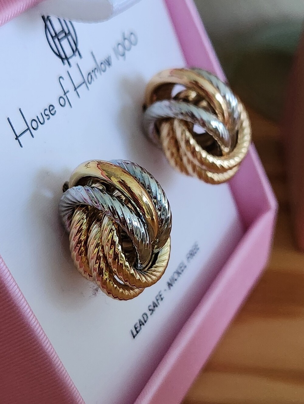 House of Harlow 1960 Two-Tone Gold and Silver Twisted Knot Clip Earrings - Picture 3 of 5